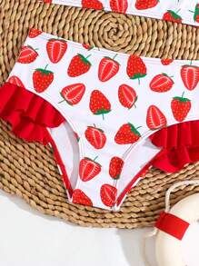 SHEIN 年轻女孩草莓印花不对称肩部荷叶边比基尼套装夏季海滩 - 紅色 - 查看 5