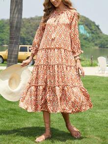 Women Printed Long-Sleeve Dress For Summer Musical Festival - Coral Orange - View 7