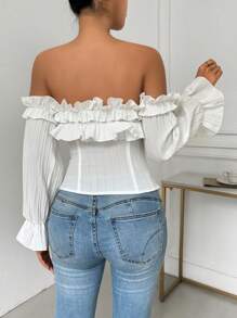 Chiquease Women Off-Shoulder Solid Color Blouse With Ruffle Trim - White - View 2