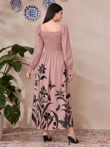 Seusyu 女士方領花卉燈籠袖度假春夏裙 - 粉色 - 查看 3