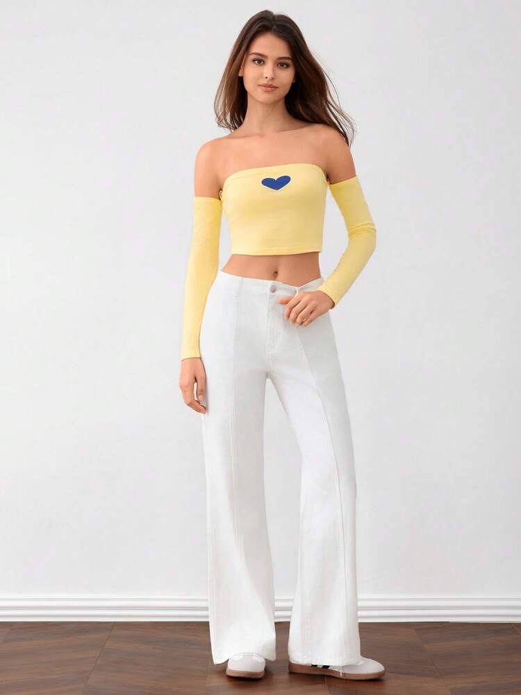 Women Fashionable Blue Heart Print Off Shoulder Tight Crop Top