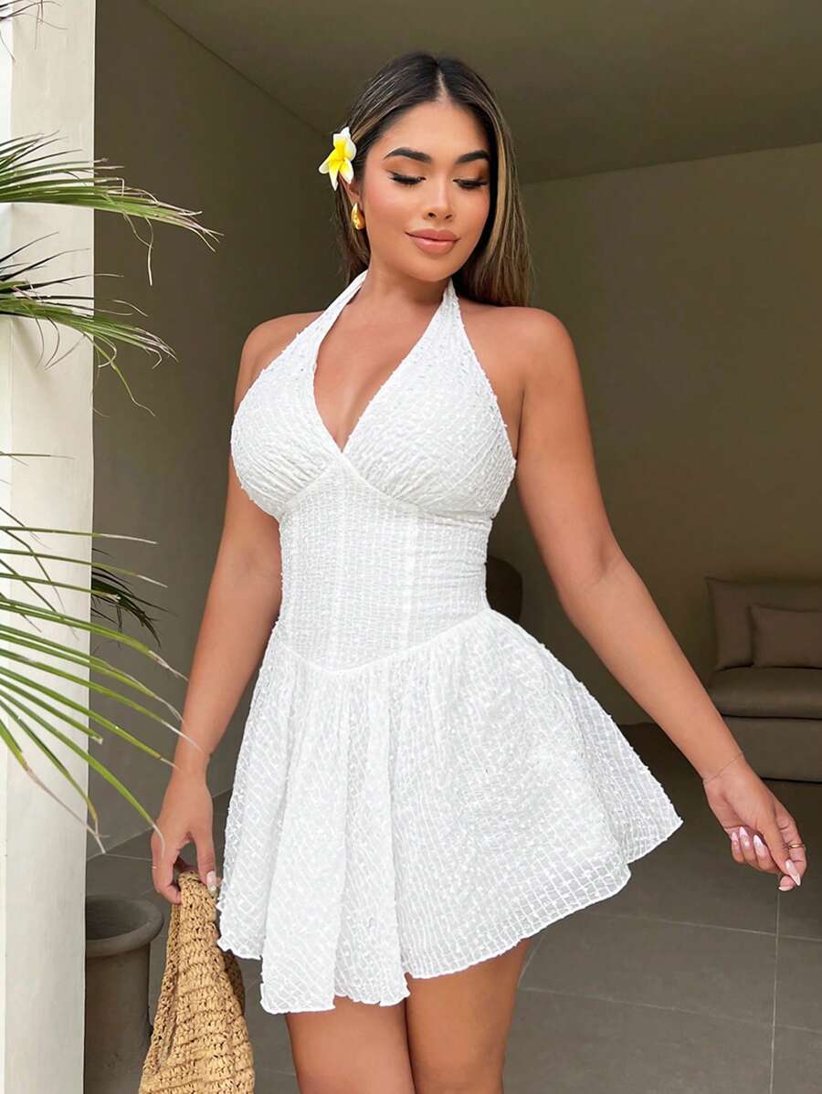 SHEIN SXY Wedding Graduation White Halter Neck Tie Up Formal Dress - White - View 1