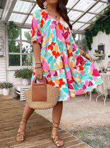 SHEIN LUNE Đầm dự tiệc mùa hè tay ngắn cổ chữ V in hoa cỡ lớn - Nhiều màu - Xem 5