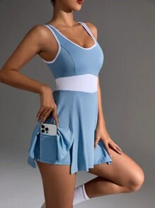 Easithlete Women Summer Sleeveless Sporty Dress With Large Round Neckline And Contrast Edgingathletic Dress - Blue - View 3