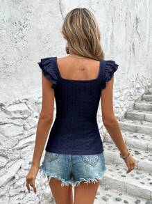 SHEIN VCAY Phụ Nữ Rỗng Ra Thêu Cổ Vuông Xù Viền Trang Trí Bó Sát Áo Thun Mùa Hè - Màu xanh hải quân - Xem 2