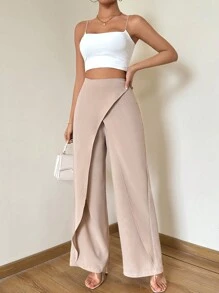 SHEIN Privé 女士高腰阔腿裹腿裤，优雅、度假、休闲、日常 - 杏色 - 查看 3