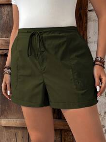 Calvaya Plus Size Solid Color Drawstring Daily Casual Shorts - Army Green - View 3