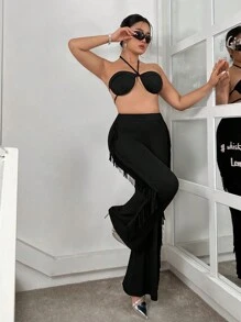 SHEIN ICON Plus Size Women Solid Color Fringed Decorated Tight Flare Pants - Black - View 2