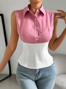 Flirla Women Summer Casual Color Block Striped Patchwork Waist-Tied Sleeveless Blouse