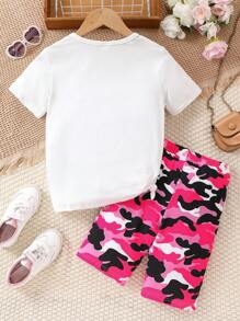 少女卡通印花短袖上衣和迷彩印花短裤两件套，夏季