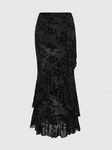 ROMWE Goth Mesh Flocked Rose Floral Pattern See-Through Sexy Women Skirt With Ruffle Hem Design, Mid-Length, And Bodycon Fit - Black - View 1