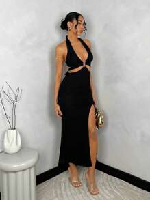 SHEIN BAE 女式露背绑帶腰間開叉連衣裙 - 黑色 - 查看 3