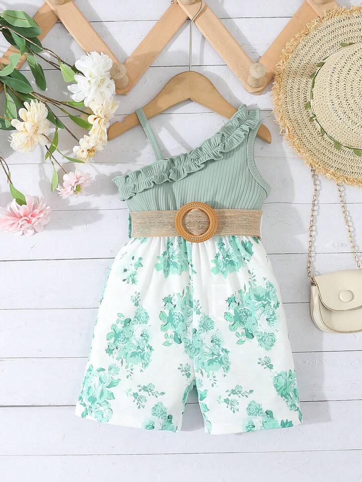 Baby Girls Fresh Fun Floral Printed Green Romper For Spring And Summer SHEIN