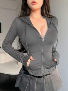 DAZY Waist-Cinching, Hooded, Drawstring, Zipper Front, Pocketed, Short-Cut, Slim Fit, Long-Sleeved Lady Sweatshirt,Back To School Clothes Jacket Hoodies - Grey - View 5