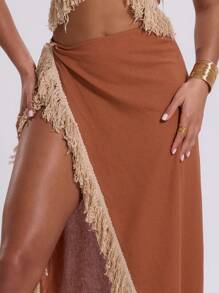 MUSERA 亚麻流苏超高开衩长裙，波西米亚风夏季可爱优雅伊比沙岛度假时尚 - 棕色 - 查看 5