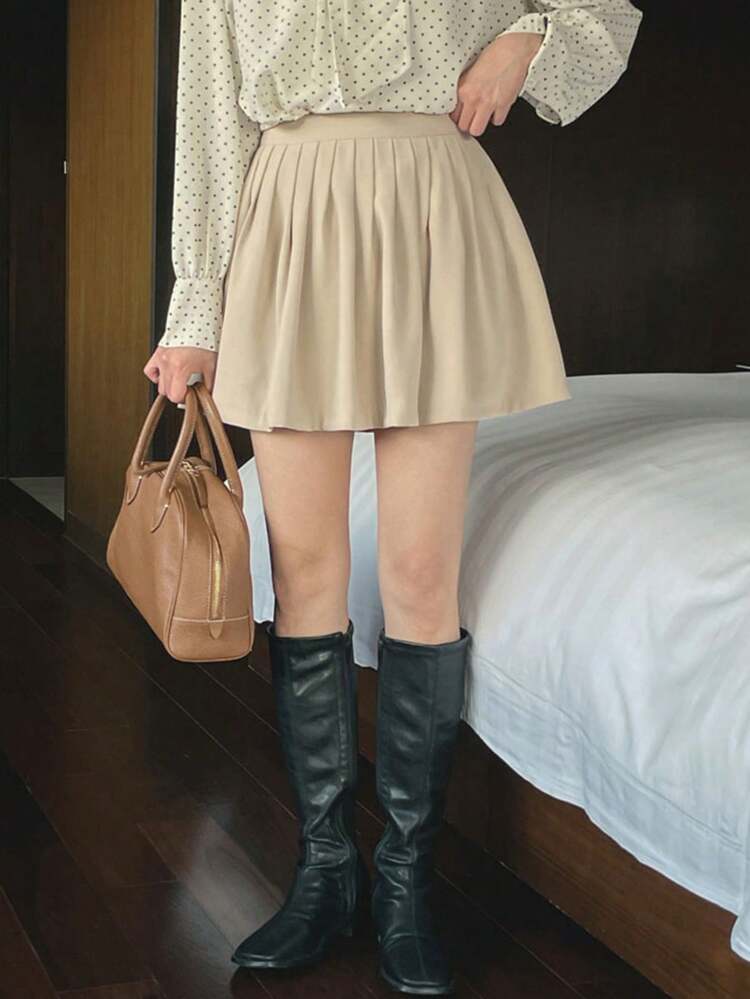 Women Solid Color Pleated Mini Skirt Fall Skirts