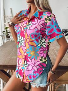 Breezaya Spring/Summer Print Turn-Down Collar Short Sleeve Split Hem Vacation Casual Shirt - Multicolor - View 3