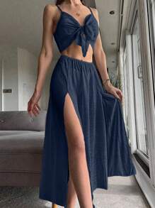 SHEIN Swim 夏季海滩细肩带纯色超短款上衣 + 大腿开衩裙两件套罩衫套装 - 藏蓝色 - 查看 1