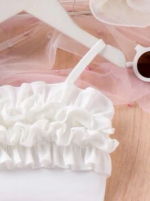 SHEIN Young Girl Casual Two-Piece Set With Multi-Layered Ruffled Trim Cami Top And 3D Flower Shorts - White - View 6