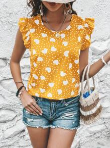 SHEIN Clasi Áo sơ mi nữ dáng rộng mùa xuân/hè có thắt nút trái tim, chấm bi và in đường viền cổ tròn và tay áo có mũ - Màu vàng - Xem 4