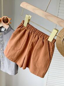SHEIN Baby Boy Stand Collar Patched Kangaroo Pocket Top Solid Color Shorts 2Pcs/Set