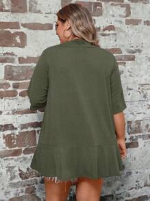 SHEIN LUNE Plus Size Màu trơn phía trước Áo khoác kimono hở có viền xù cho trang phục mùa hè thông thường - Màu xanh Ô liu - Xem 2