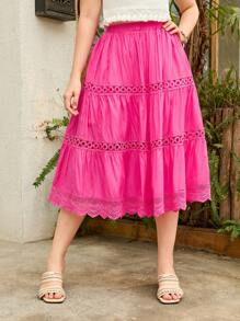 Teen Girl Lace Patchwork Hollow Out Midi Skirt - Hot Pink - View 6