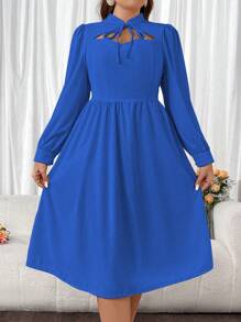 SHEIN Unity Plus Solid Color Romantic Long Sleeve Hollow Out Dress - Blue - View 6