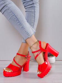 Nuevas sandalias de tacón alto para mujer, sandalias de plataforma impermeables rojas de tacón grueso con hebilla de correa de tobillo para el verano - Rojo - Ver 2