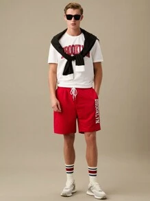 Manfinity VCAY Men Letter Graphic Tee & Drawstring Waist Shorts,Back To School - Red - View 1