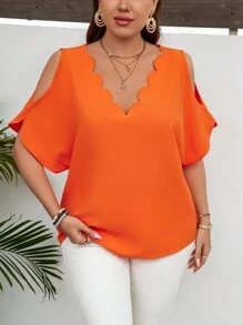 SHEIN LUNE Camisa de talla grande con mangas huecas y cuello de borde festoneado - Naranja Quemada - Ver 1