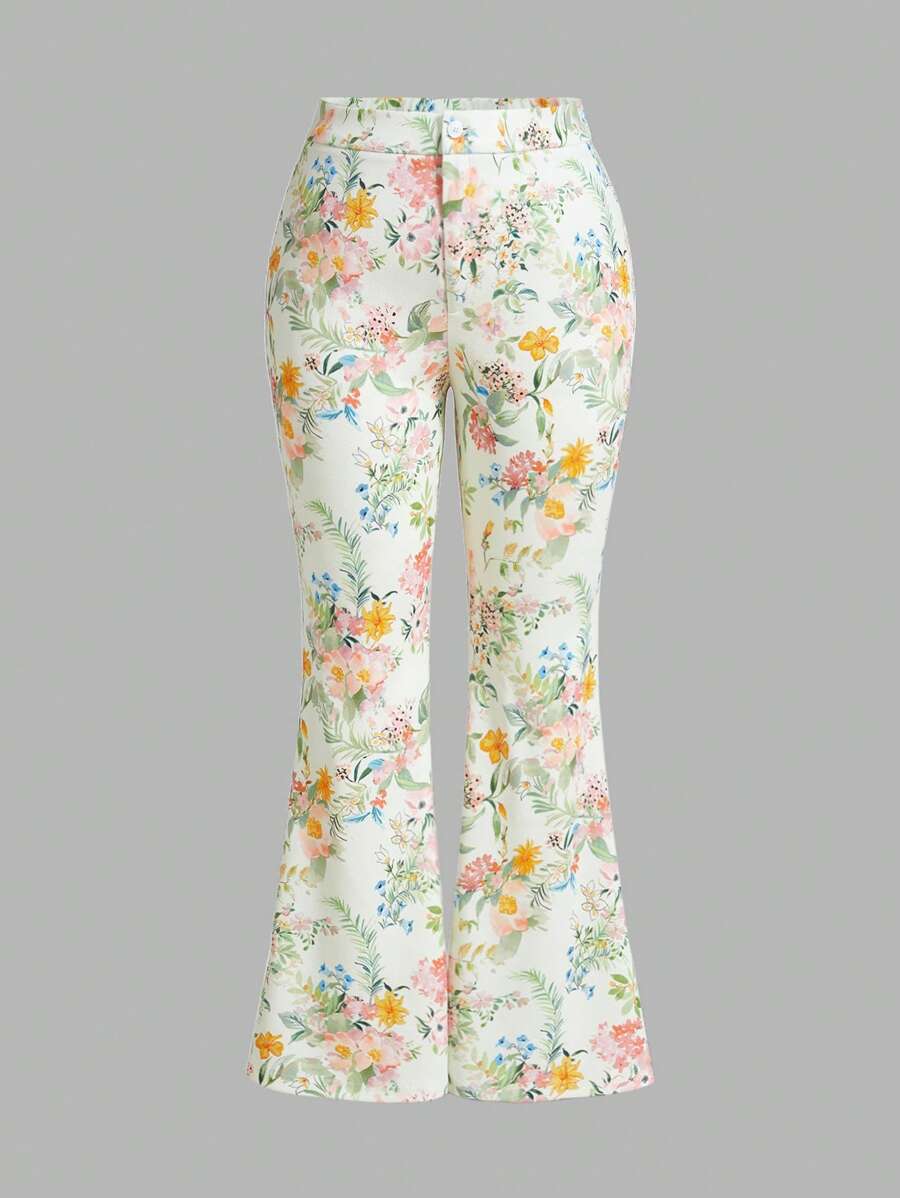 SHEIN MOD Plus Size Botanical Print Slim Fit Flared Pants Beach - Multicolor - View 1