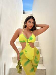SHEIN SXY Tie-Dye Print Patchwork Perspective Flared Legs Halter Neck Jumpsuit With Waistband