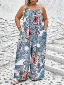 SHEIN CURVE+ Bộ áo liền quần ống rộng in họa tiết Paisley cỡ lớn có dây đai - Nhiều màu - Xem 4
