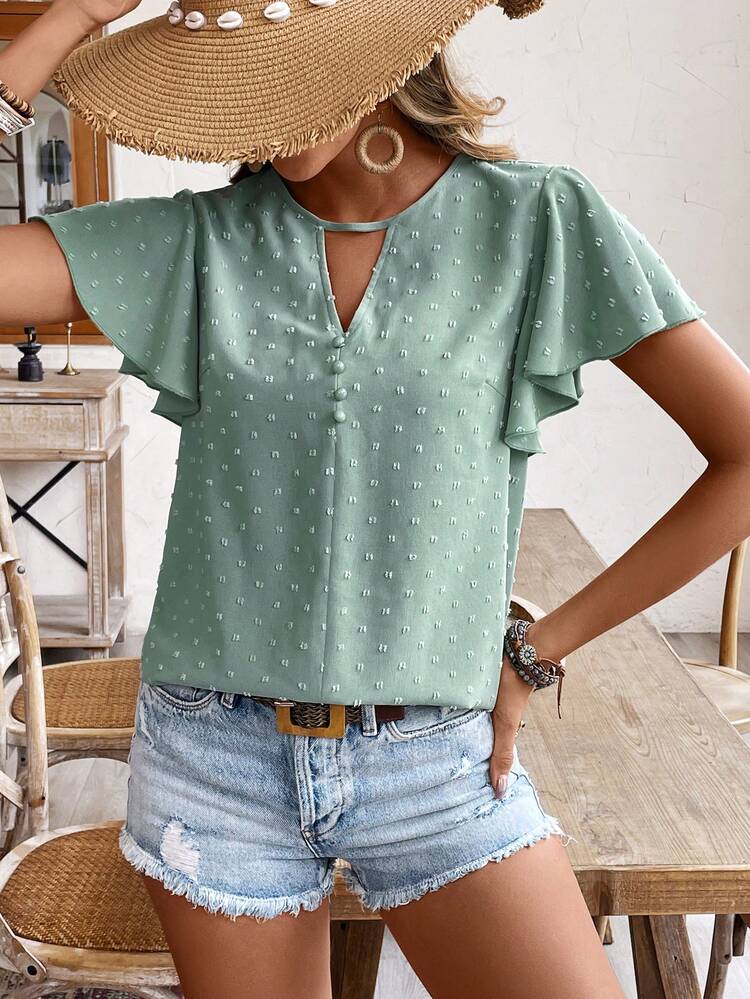 Ladies' Green Jacquard Texture Fabric Tie Waist Shirt Summer Casual Christmas