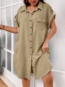 Calvaya Kích thước lớn Màu thuần Tay áo cuộn lên Mặt trước Nút Đầm giản dị - Màu Khaki - Xem 5