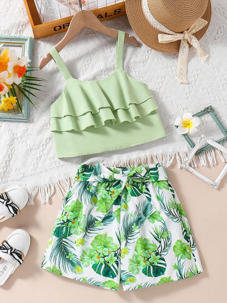 SHEIN New Summer Casual Vacation 2 Pieces Outfit For Tween Girls,Holiday,Summer,Travel - Mint Green - View 1