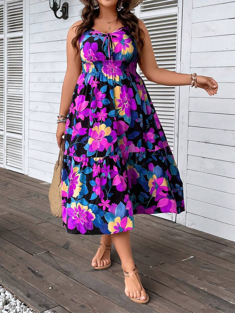 Breezaya Vestido de talla grande para mujer sin mangas con estampado floral y patrón aleatorio - Multicolor - Ver 1