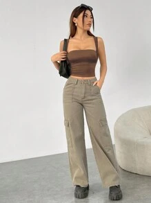 SHEIN EZwear 女性短款寬肩帶背心，夏季款式 - 咖啡棕 - 查看 5