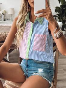 Breezaya Áo sơ mi nữ sọc không tay mùa hè màu khối - Nhiều màu - Xem 4