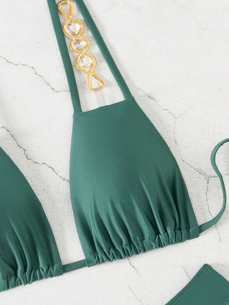 Women Embroidered Detail Halter Tie Summer Beach Bikini Set