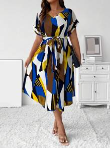 SHEIN Clasi Đầm cổ chữ V in họa tiết vòng eo Plus Size - Màu xanh lam - Xem 5