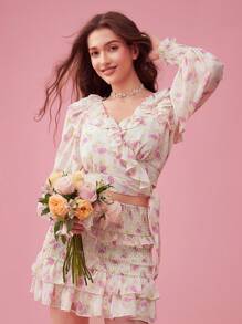 Enchnt 春/夏浪漫短款包裝上衣，具有花卉印花和蝴蝶結 - 白色 - 查看 4