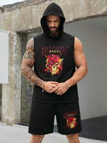 Manfinity LEGND 男士大尺碼夏季寬鬆休閒套裝，帶字母骷髏印花帽衫背心和短褲