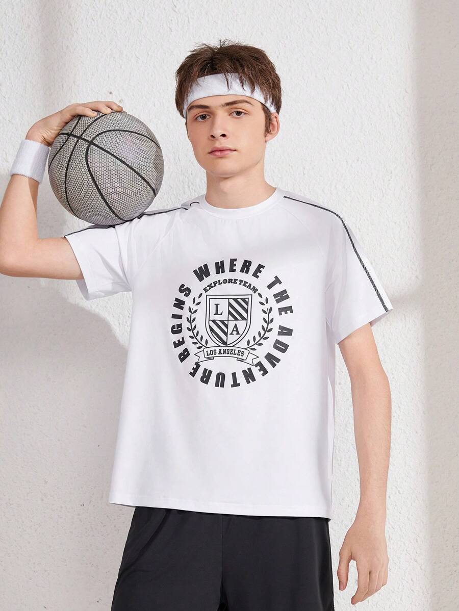 Teen Boys White Short-Sleeved Letter Print Athletic T-Shirt For Indoor And Outdoor Activities, Elastic, Skin-Friendly, Comfortable, Moisture Wicking, Breathable, Classic And Versatile For Running, Cycling, And Comprehensive Training - White - View 1