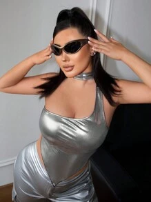 SHEIN SXY x STAS Women Fashionable Summer Silver Halter Neck Top In Wild Style - Grey - View 1