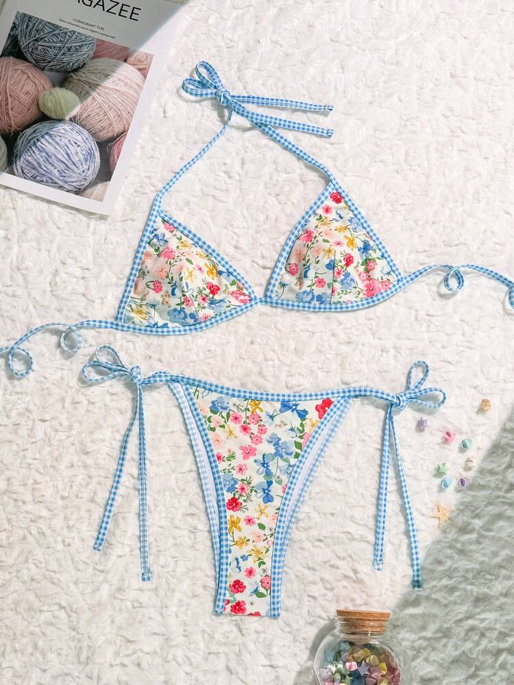 Summer Floral Printed Halter Neck Bikini Set With Tie Side Bottom