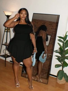 Slaydiva Cộng với kích thước mùa hè Dây đeo dây thông thường Váy ôm sát viền bất đối xứng có cà vạt cổ kèm theo - màu đen - Xem 6