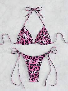 SHEIN Swim Women Leopard Print Triangle Spaghetti Strap Bikini Set For Summer Beach - Multicolor - View 3