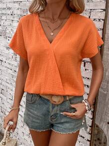 EMERY ROSE 女士簡約日常短袖V領襯衫 - 橘色 - 查看 5